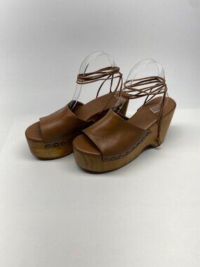 Free People Womens Front Row Wrap Clogs Luggage Leather Brown Platform Wedge 9.5